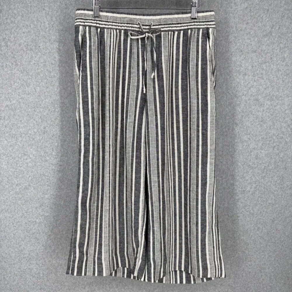 Banana Republic Wide Leg Crop Pull On Pant Size M Petite Navy White Stripe Linen
